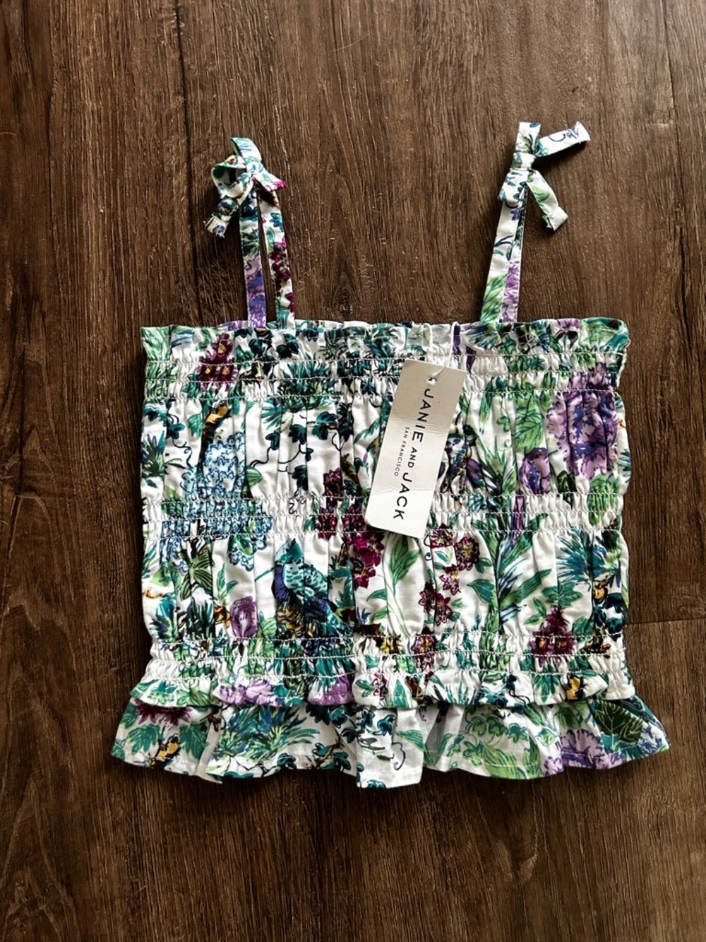 Janie and Jack White Floral Smocked Camisole with Purple & Green Print